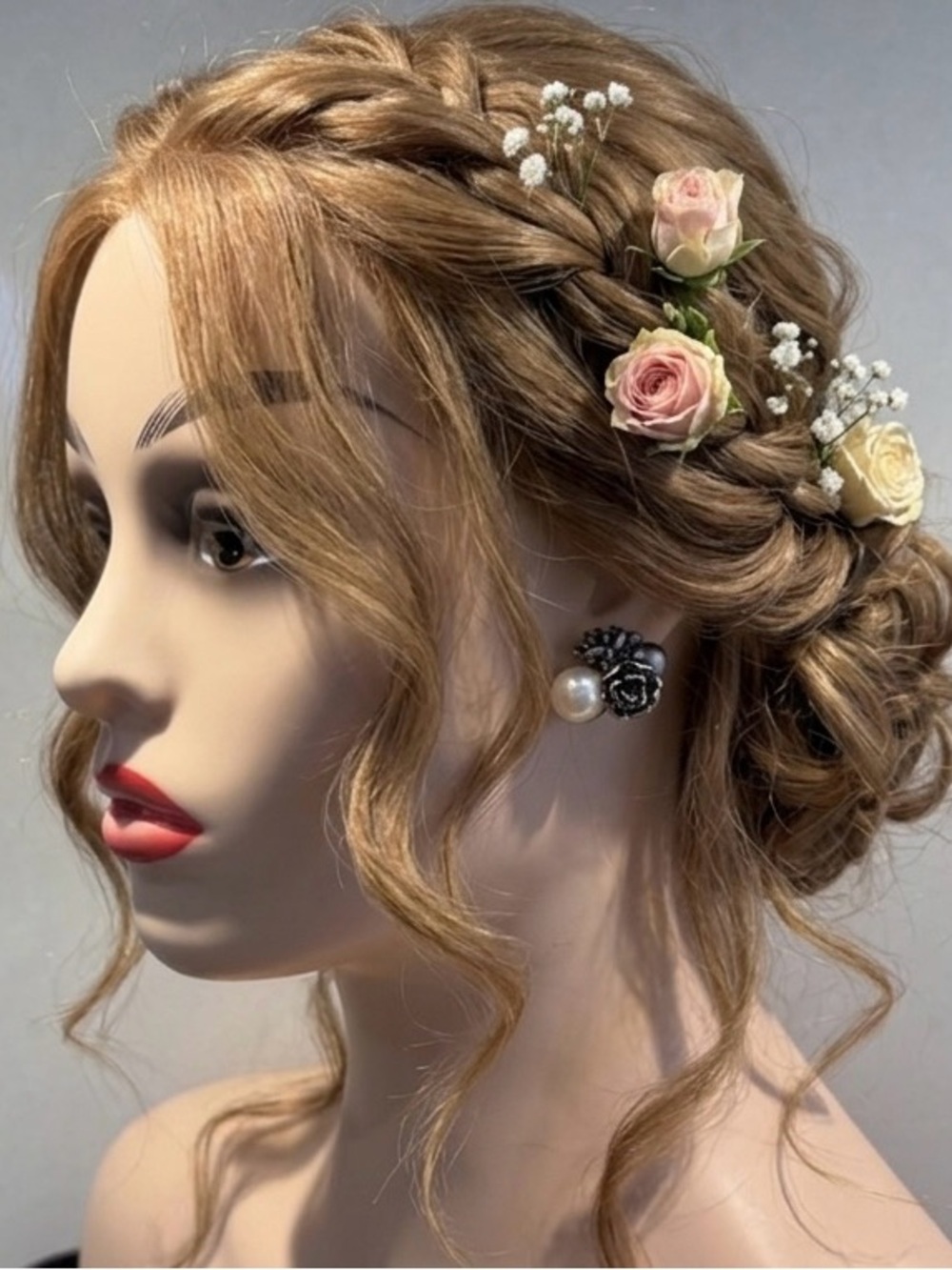 Mid-Century Modern Silver Tone Rose & Faux Pearl Cluster Stud Earrings - Picture 2 of 9